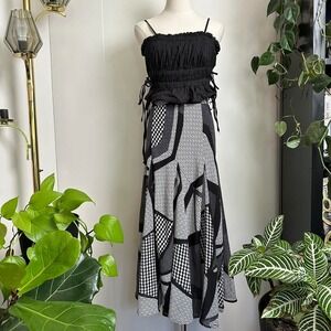Laps Women Small Black White Geometric Abstract Print Pleated Maxi Skirt Lined